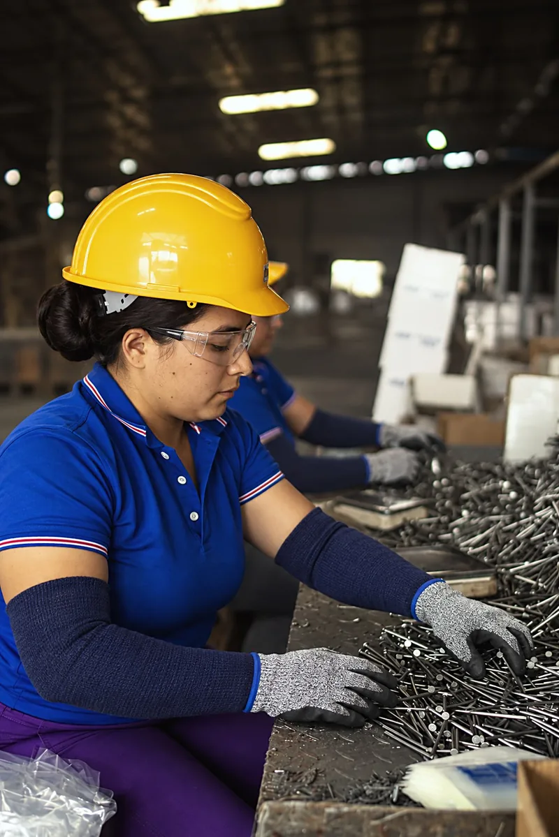 Colaboradora de Mundo Metalúrgica con casco, gafas, guantes y mangas de protección clasificando clavos
